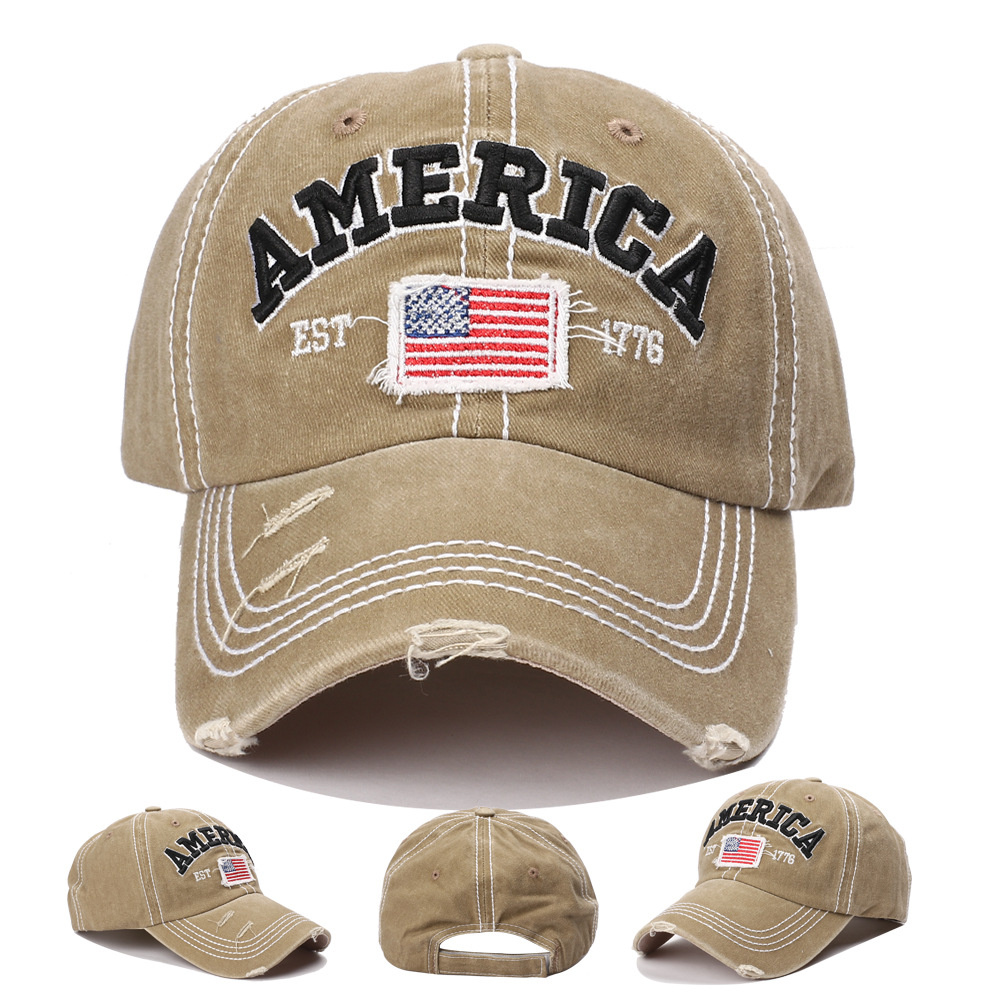 跨境亚马逊美国国旗字母棒球帽破洞水洗做旧帽子男士鸭舌帽