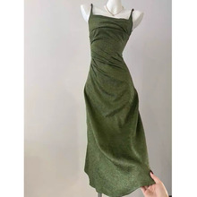 发华厂-流光 肌理感缎面连衣裙法式复古绿色吊带裙修身长款小礼服