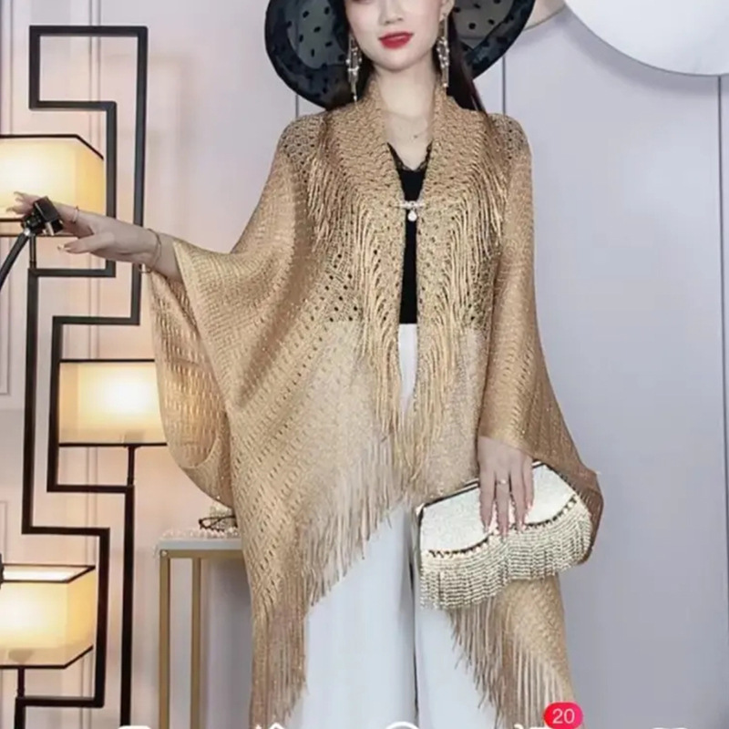 新款网纹薄款宽松披肩亮丝流苏旗袍拍照披肩女大码蝙蝠袖针织开衫