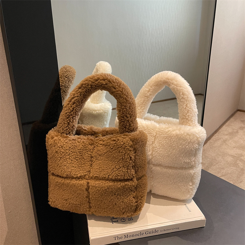 2022 New Winter Lamb Wool Women's Bag Minority Fashion Bucket Bag Versatile Korean Internet Celebrity Plush Hand-Carrying Bag