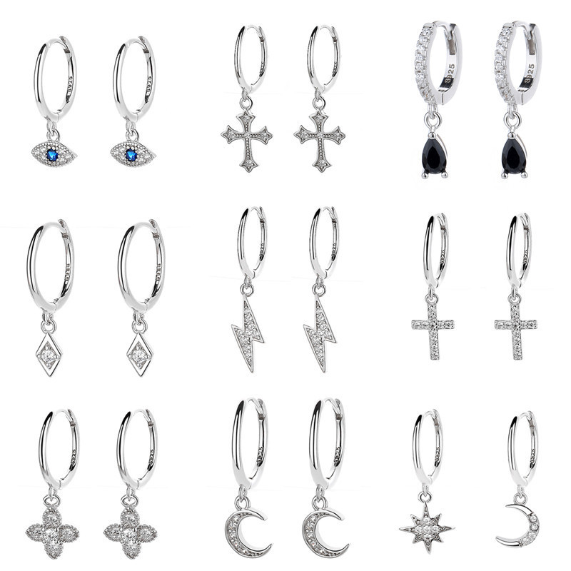 925 Silver Earrings Temperament Wholesale High Sense Zircon Earrings Female Cross Star Moon Asymmetric Ear Clip