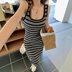 天猫抖音质量夏季修身显瘦包臀裙中长款裙小众撞色条纹背心连衣裙