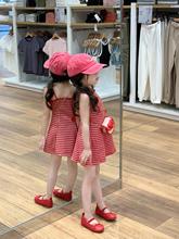 女童吊带短裙2024夏季新款甜酷女孩显白红格子系带修身A字背心裙