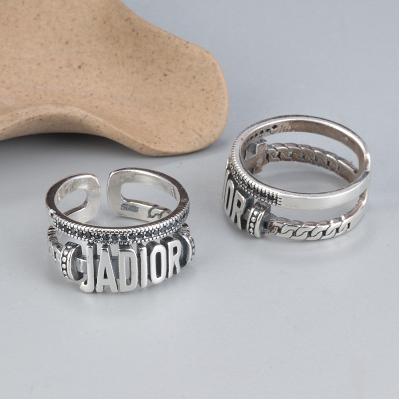 韩版s925纯银时尚字母马克赛黑钻锆石戒指开口双层几何宽面指环