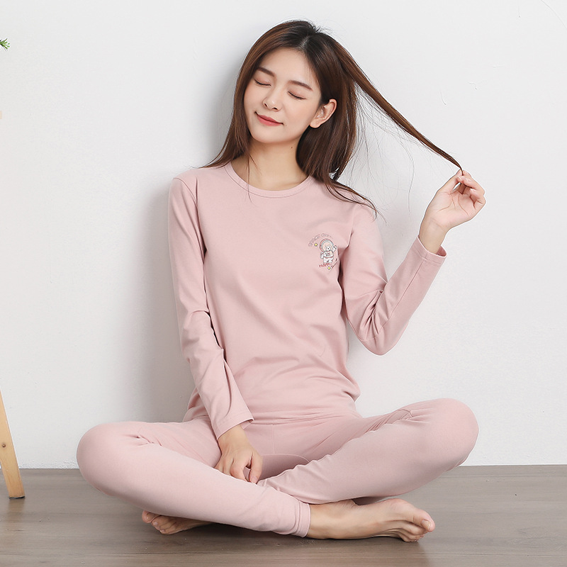 秋衣秋裤女纯棉套装打底纯棉毛衫学生少女圆领磨绒舒绒保暖内衣薄