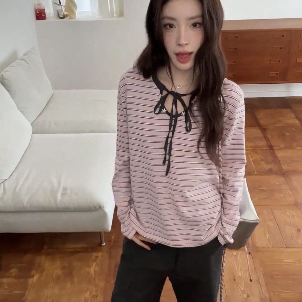 韩系穿搭粉色条纹圆领长袖t恤女秋季宽松慵懒显瘦针织打底衫上衣