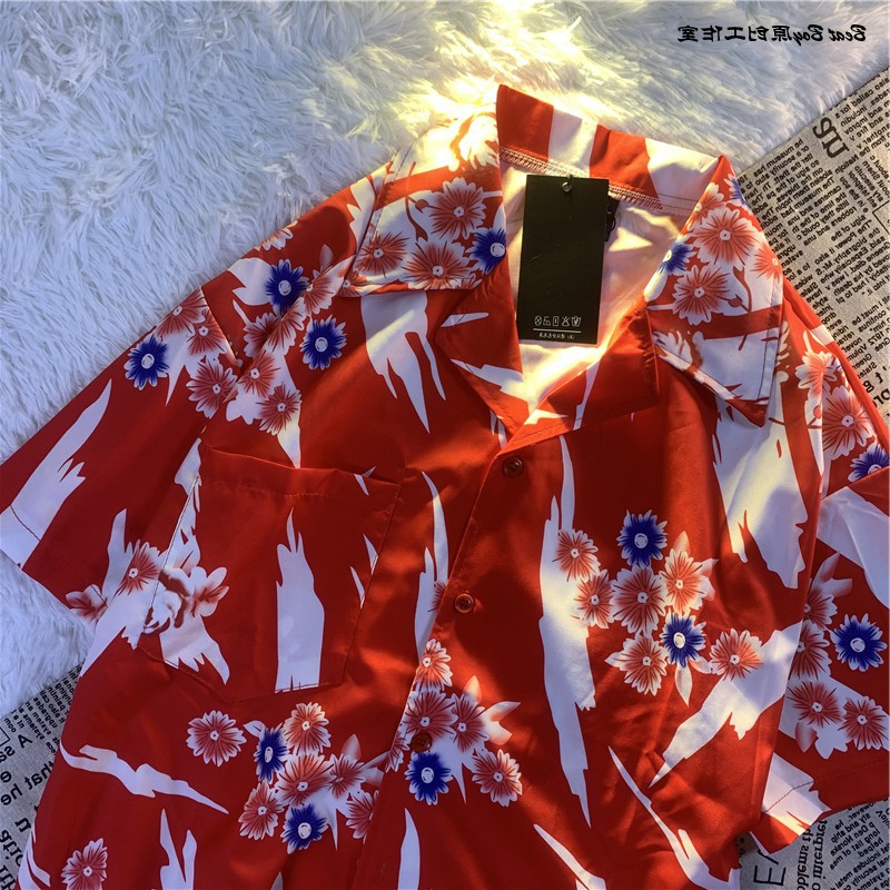 bkpp欧儿同款复古油画红扶桑花衬衫炸街他泰式休闲短袖上衣夏