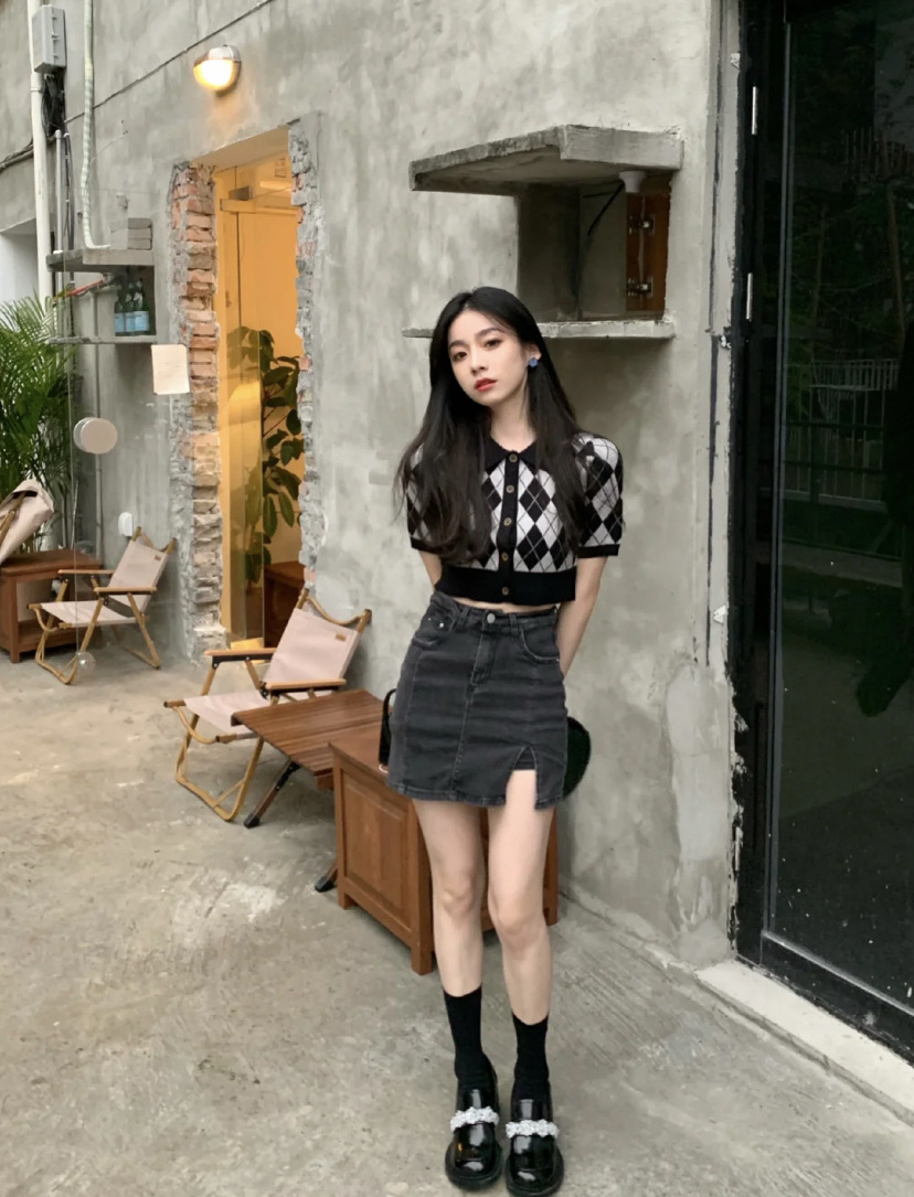 夏季网红盐系穿搭炸街小个子港风复古chic辣妹牛仔短裙两件套装女