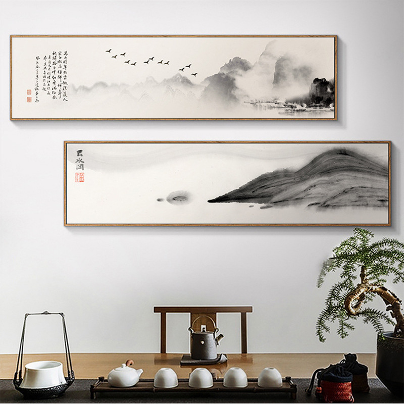 新中式装饰画卧室床头挂画水墨山水画禅意茶室客厅办公室横幅壁画