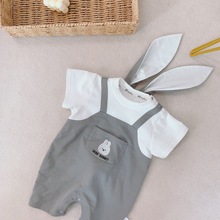 婴儿假两件短袖连体衣夏季立体耳朵宝宝哈衣爬服新生儿衣服超萌装