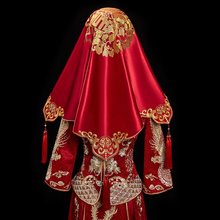 头纱盖头红盖头新娘结婚复古红色绣花缎面流苏喜帕新娘红盖头代发