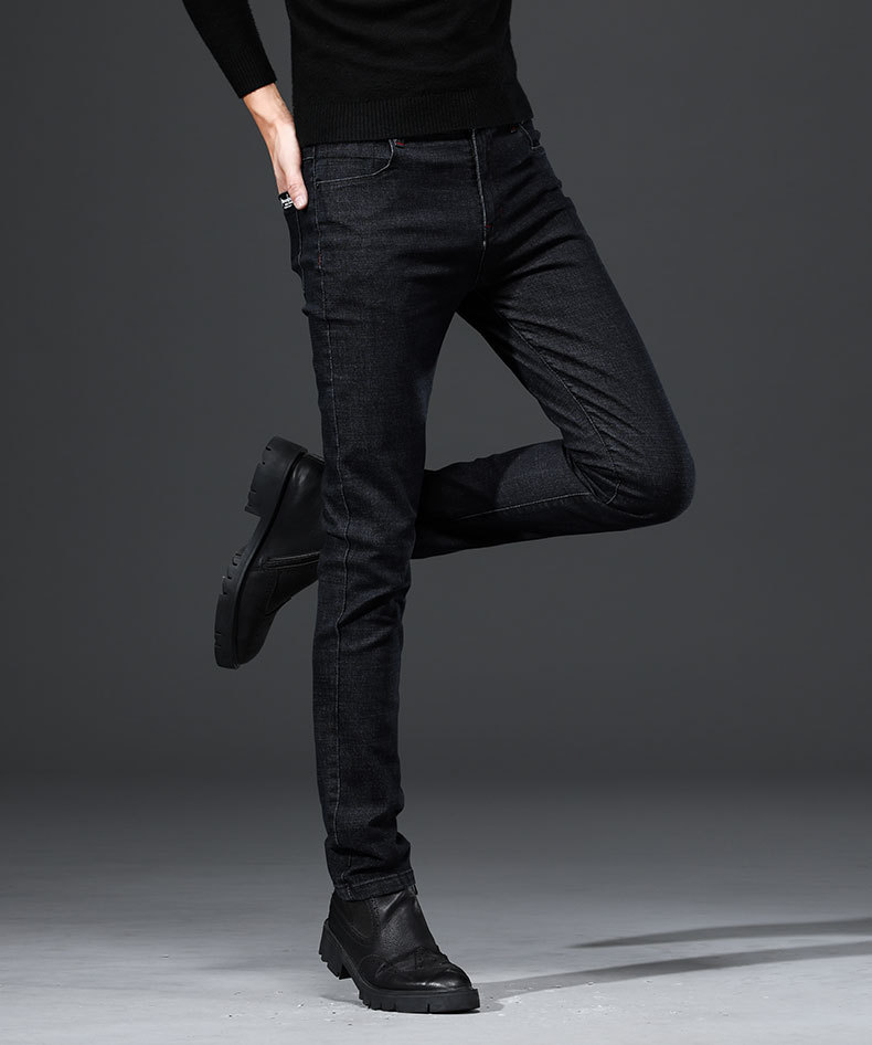 弹力小脚牛仔裤男纯色五袋款深色春秋男装长裤子青年百搭精致服装