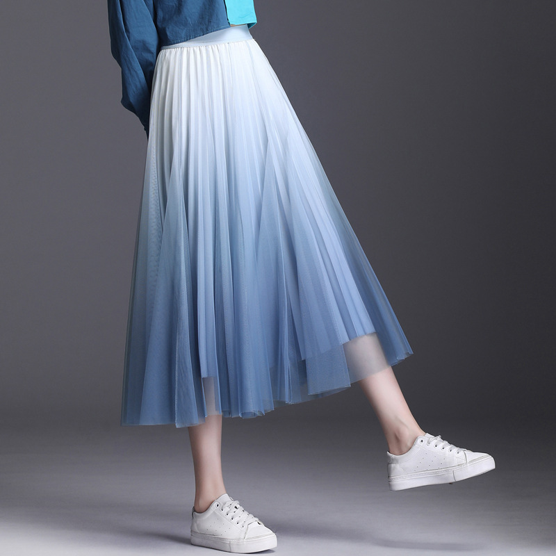 粉蓝色渐变百褶裙2021春季新款网纱半身裙甜美仙女中长裙修身显瘦