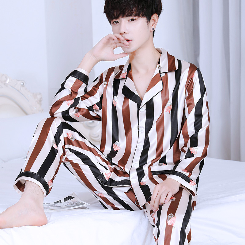 条纹睡衣男春秋款冰丝薄款长袖长裤丝绸套装男士家居服夏开衫大码