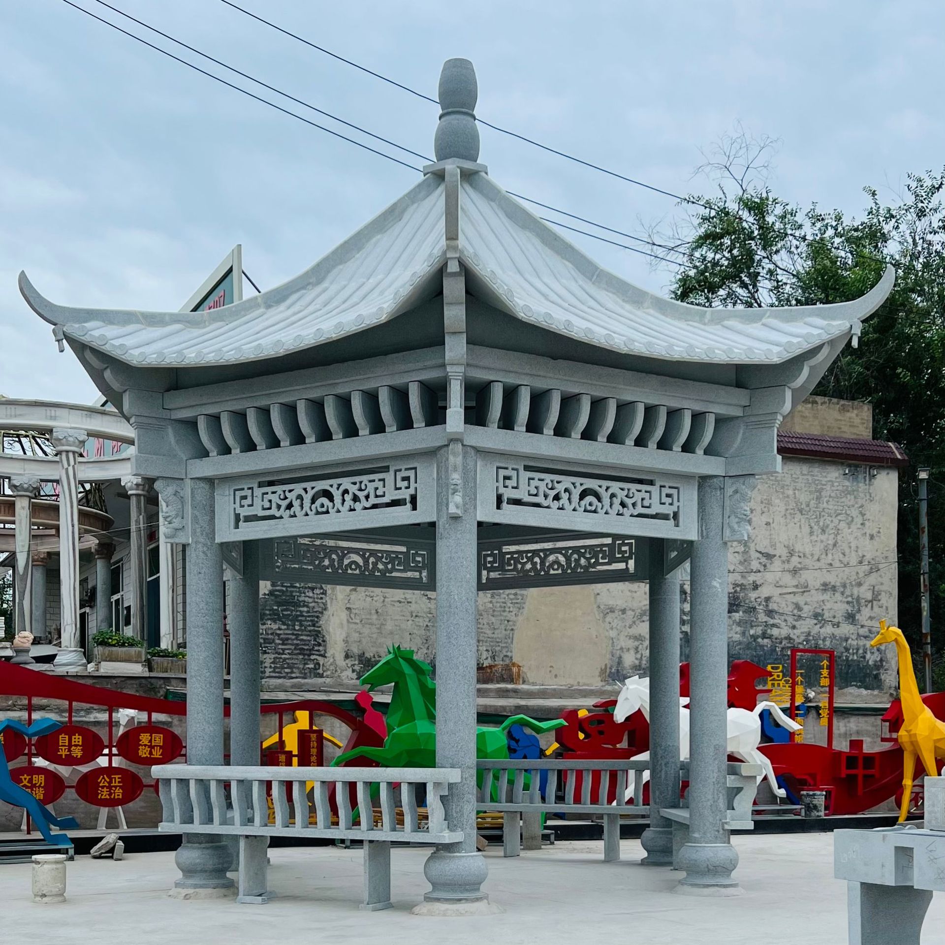 欧中式石雕大型凉亭别墅小区凉亭摆件仿古古建六角八角凉亭