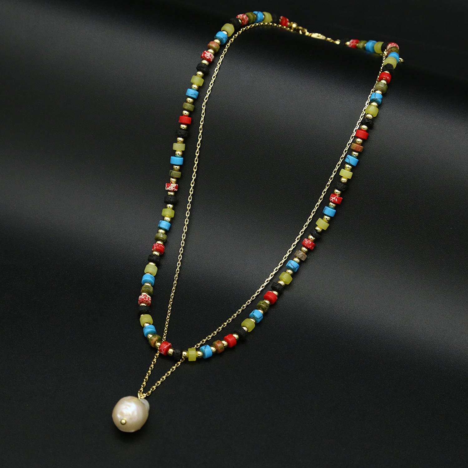 欧美跨境新款珍珠项链波西米亚风时尚手工编织彩色米珠多层项链