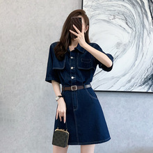 一件代发2024夏新款韩版法式复古简约百搭气质显瘦牛仔衬衫连衣裙