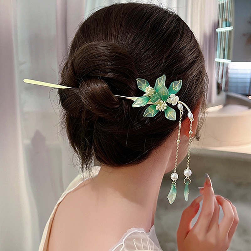 中式发簪古风高级感步摇茶簪子盘发发钗珍珠花朵流苏钗子汉服头饰