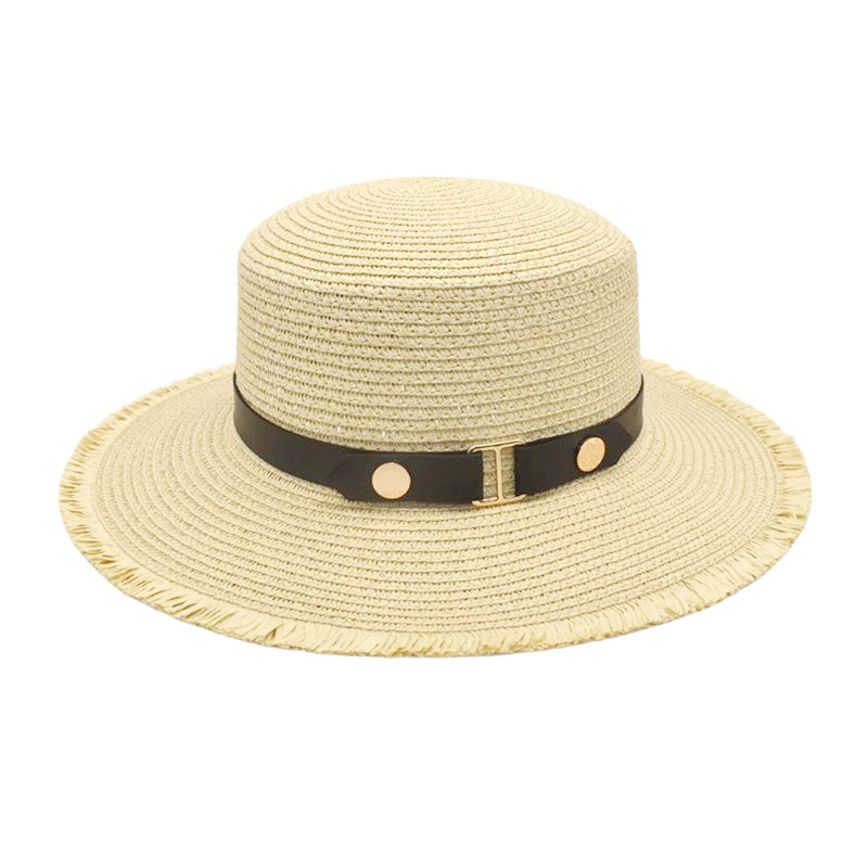 Spring and Summer New Style Frayed Edge Flat Straw Hat Belt Style Japanese Women's Fashion Simple Sunshade Sun Protection Hat All-Matching Sun Hat