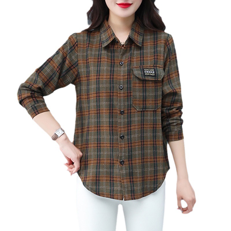 2024 Spring New Middle-Aged Mom Shirt Large Size Loose Casual Polo Collar Long Sleeve Brushed Plaid Shirt