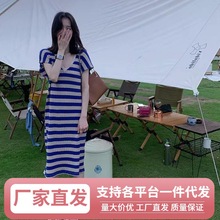 Wz新款大码法式高冷御姐风条纹V领连衣裙欧美高级G长款百搭直筒裙