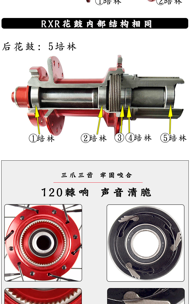 rxr 26寸rc3碳纤维花鼓 山地自行车碟刹轮组 5培林 快拆桶轴120响