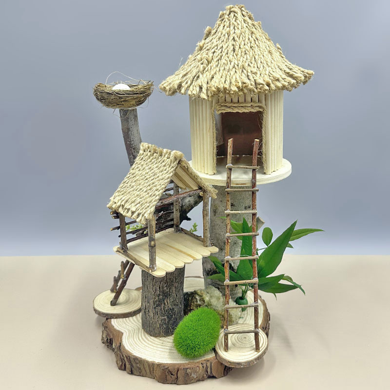 树枝手工圆树屋雪糕棒diy幼儿园环创亲子活动稻草废物利用小鸟窝