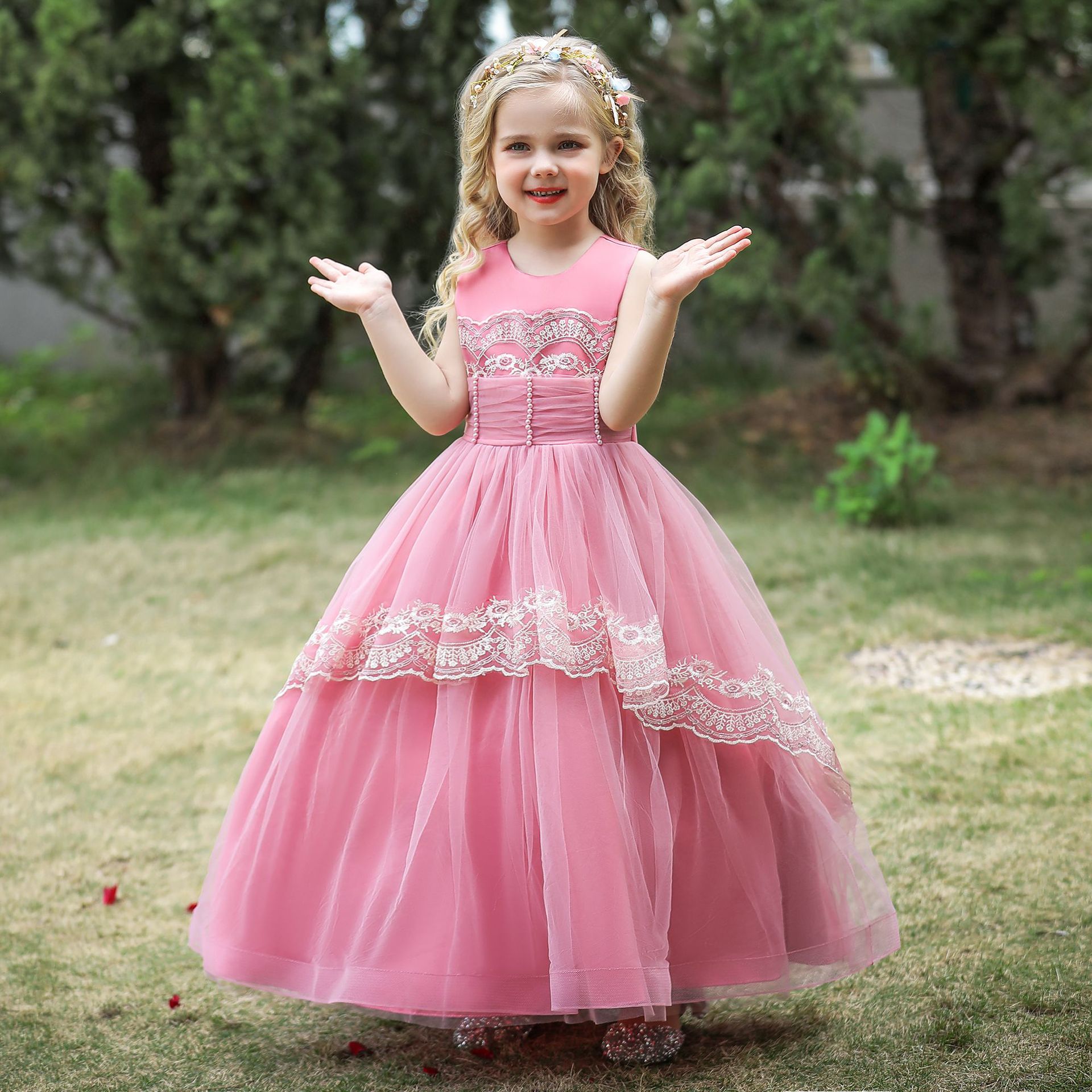 欧美秋季新款儿童公主裙 长裙锻布海浪刺绣网纱裙girls dresses