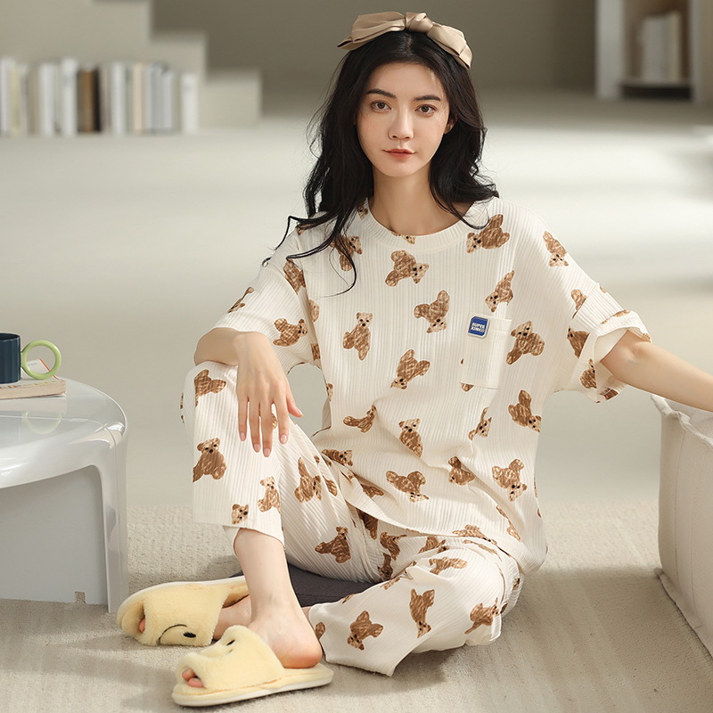 Pajamas Women's Summer Cotton Short Sleeve Trousers Casual 2023 High-Profile Figure Women's Korean-Style Cartoon Homewear Suit