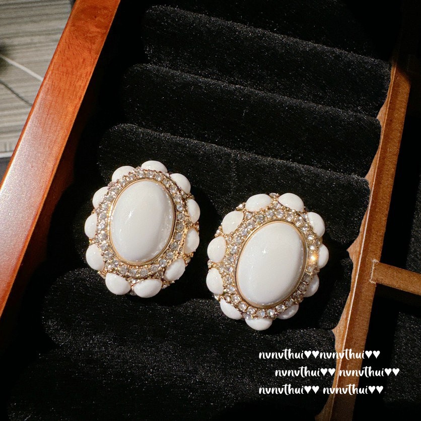 Sotheby's Cream Egg-Shaped Flower Gem Earrings Vintage 18K Gold Plating Cream Rose Zircon Earrings