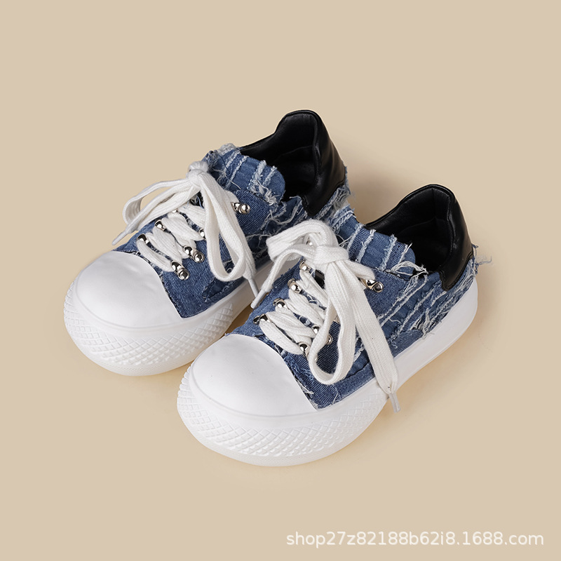 2024春季新款显脚小大头帆布鞋男女同款运动休闲百搭牛仔蓝板鞋