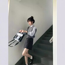 学院风灰色针织马甲衬衫两件套女2023春秋季新款叠穿小众背心套装