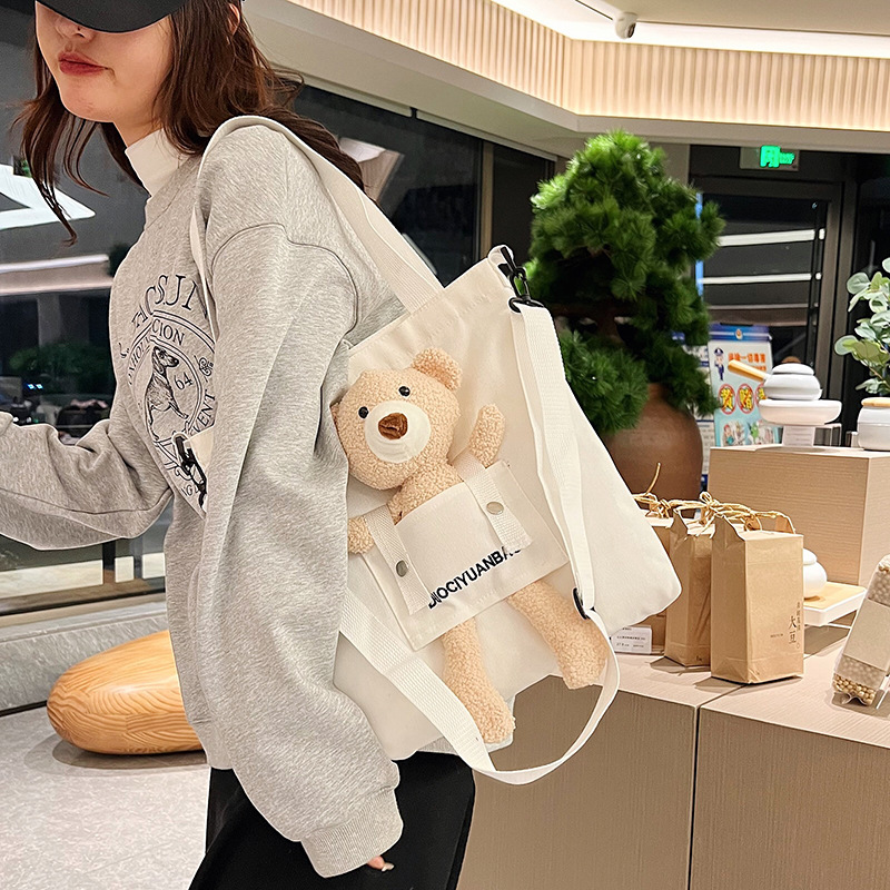 Factory Foreign Trade Large Capacity Cute Bear Canvas Bag Female 2023 Student Class Messenger Bag Literary Shoulder Bag