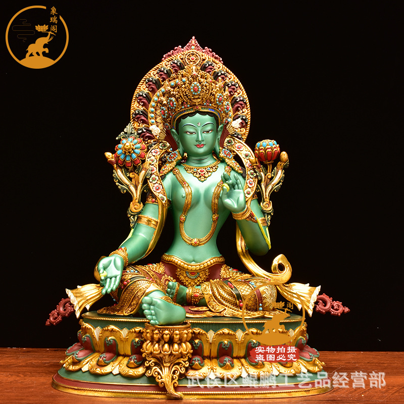 密宗精品彩绘绿度母佛像尼泊尔工艺居家铜度母桌面摆件藏传铜