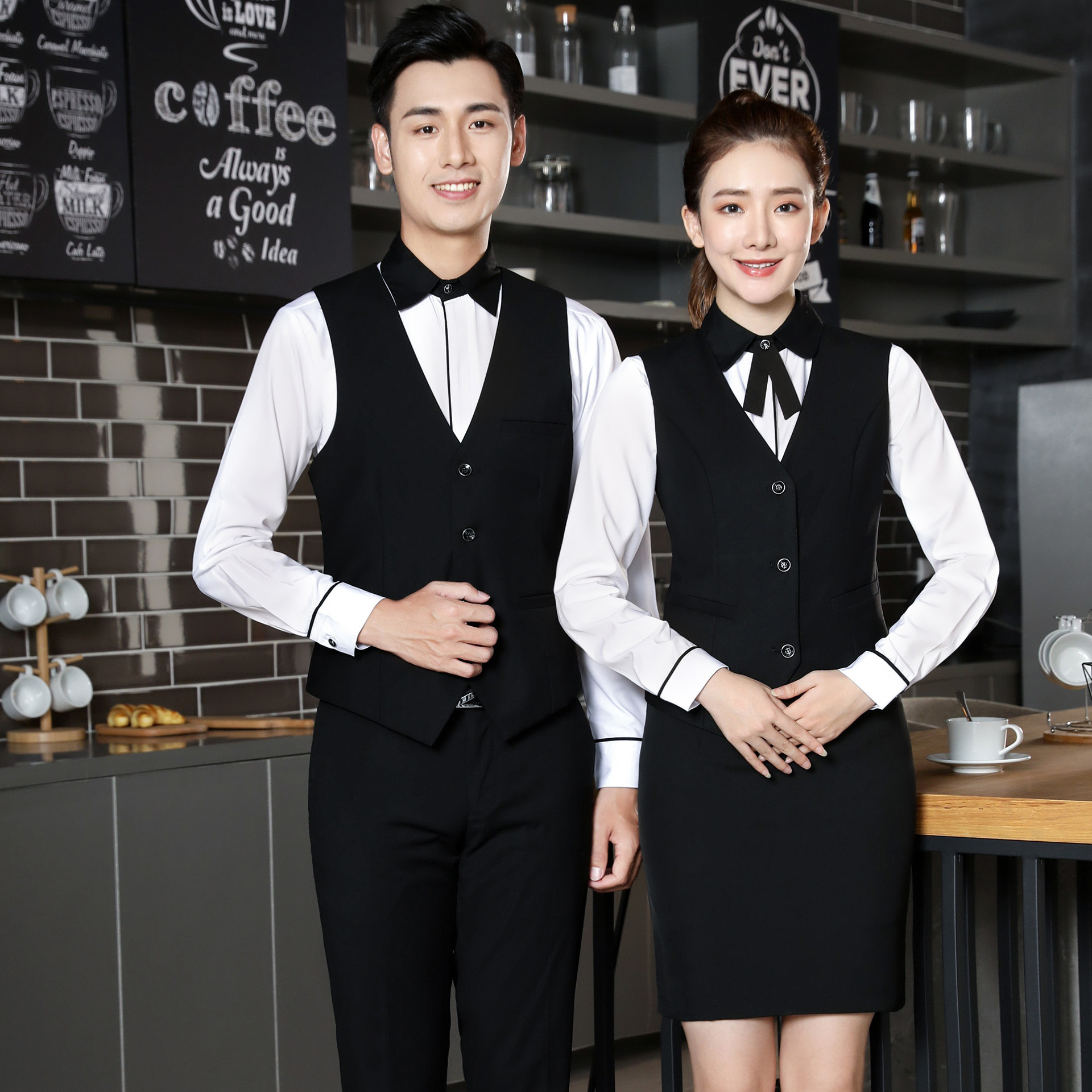 服务员工作服马甲黑色秋冬时尚男女款酒店马夹西餐厅ktv工装长袖