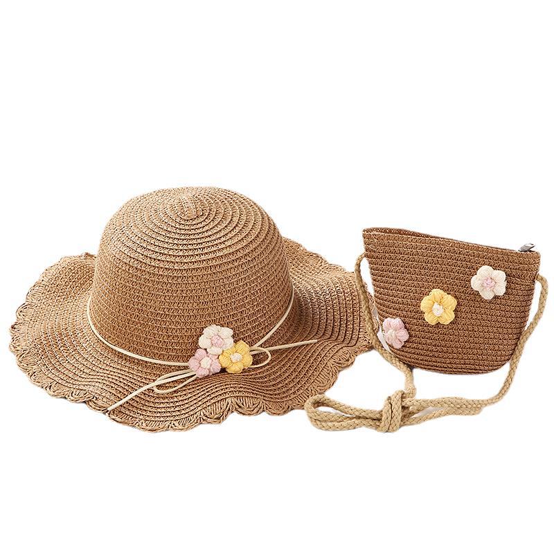 Summer Girls' Wool Flower Sun Protection Hat Children's Hat Bag Straw Hat Beach Hat Stall Children's Clothing Matching