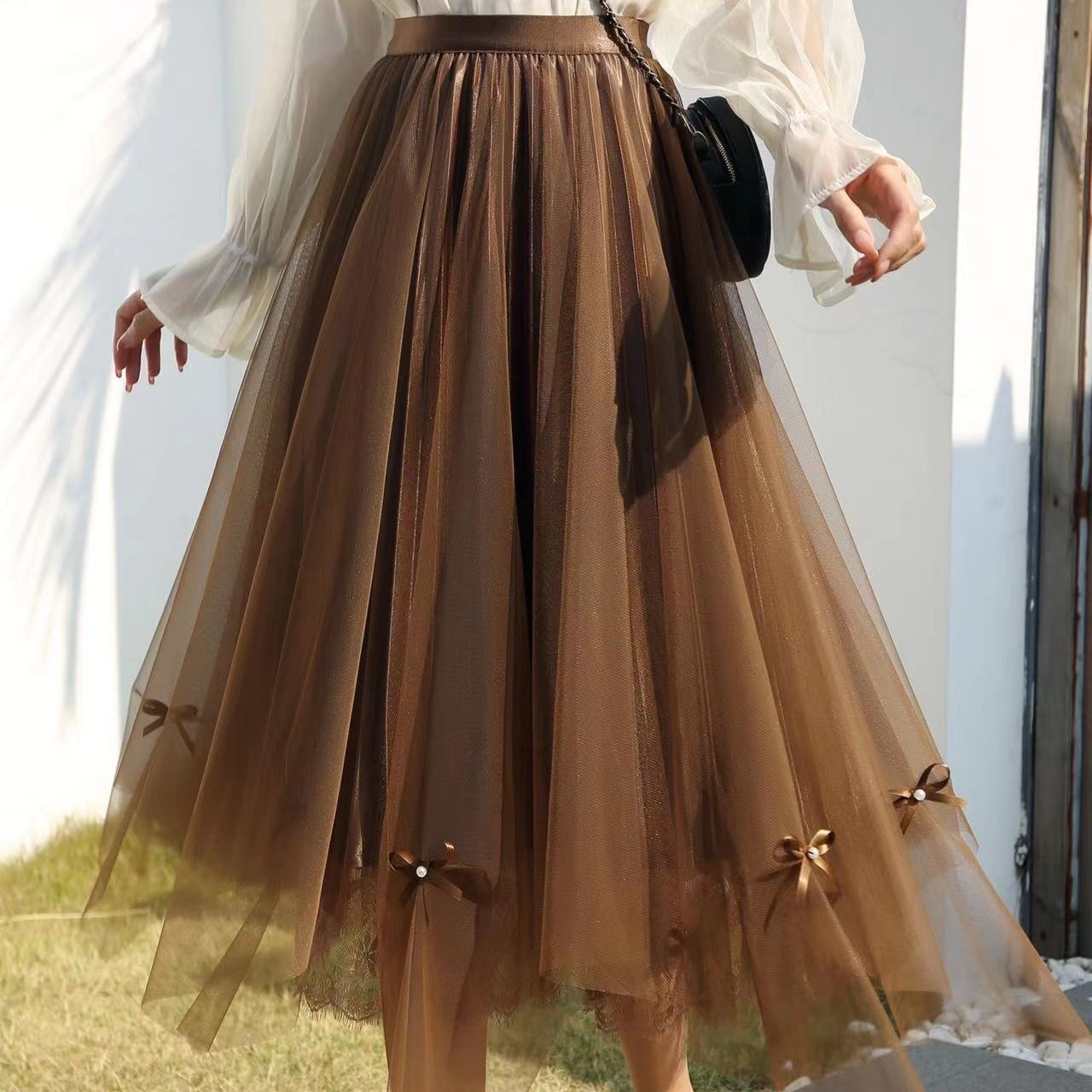2022春夏拼接清新甜美纯色大摆棕色飘逸百褶裙长裙a字百褶半身裙