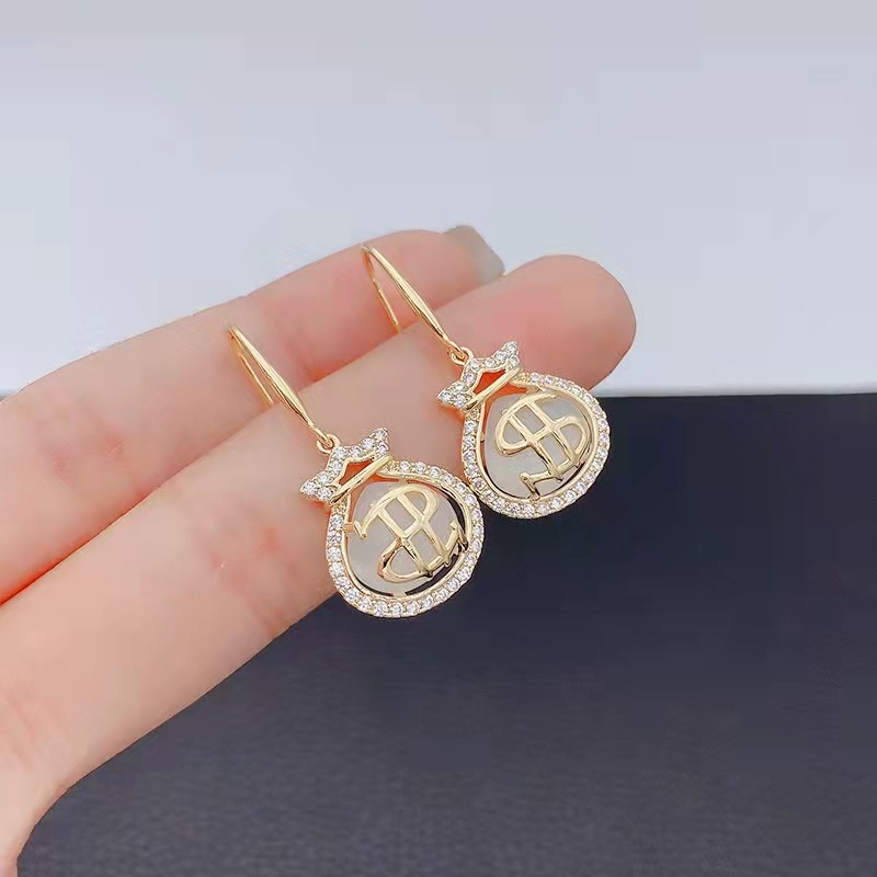 Opal Purse Lucky Bag Ear Hook Earrings Korean Style Cool Trendy High-Grade Niche Design Earrings