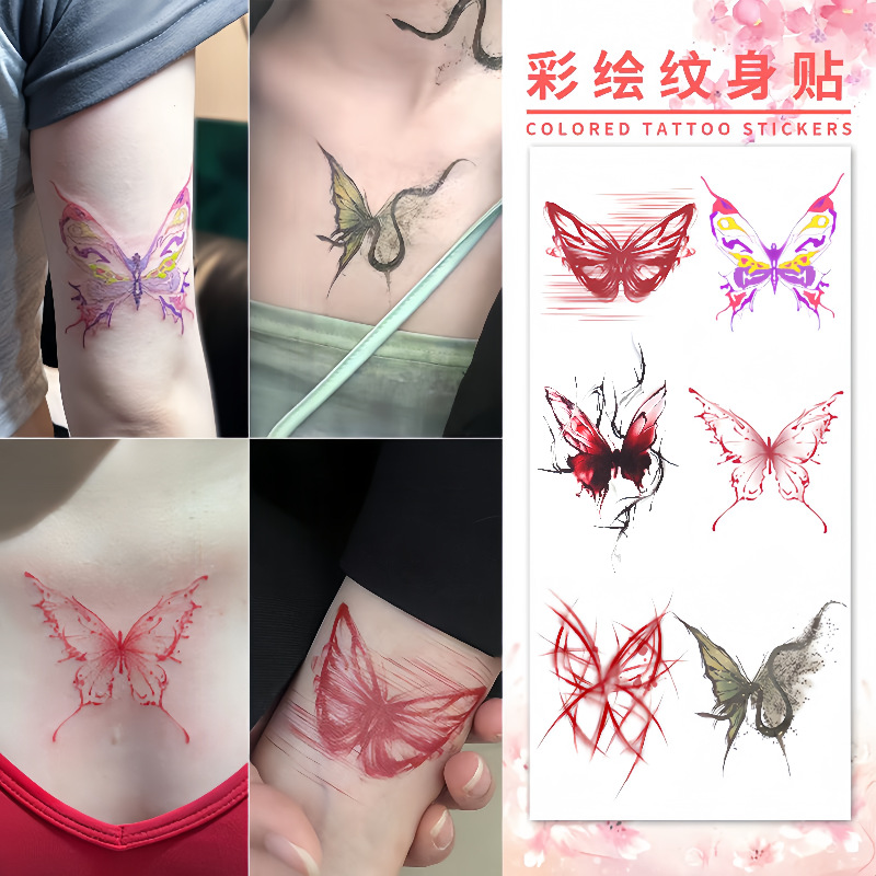 荆棘蝴蝶纹身贴防水女持久锁骨手臂遮盖彩色暗黑个性感-阿里巴巴