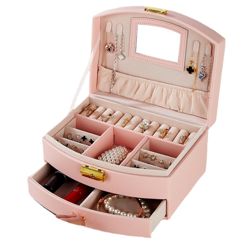 Jewelry Box Princess European Style Fan-Shaped Double Drawer with Lock Stud Earrings Necklace Ring Jewelry Storage Box