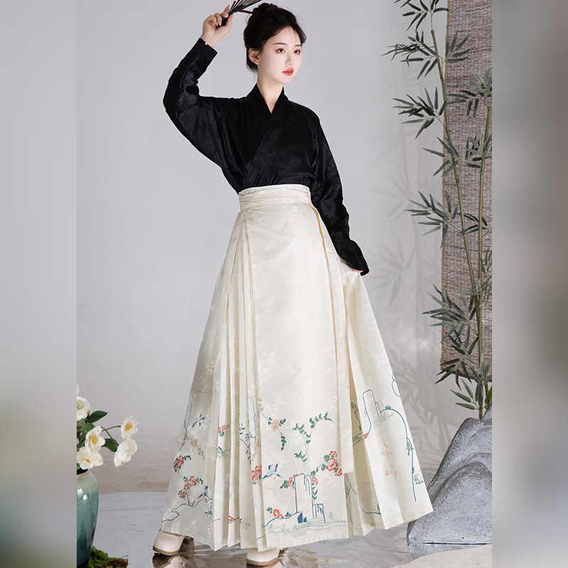 Original Women's Han Chinese Clothing Ming New Chinese Style Horse-Face Skirt Suit Daily Commuting Improved Dark Jacquard Aircraft Sleeve Retro