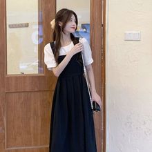 黑色连衣裙女夏季拼接假两件高级感裙子法式复古小黑裙背带裙长圣