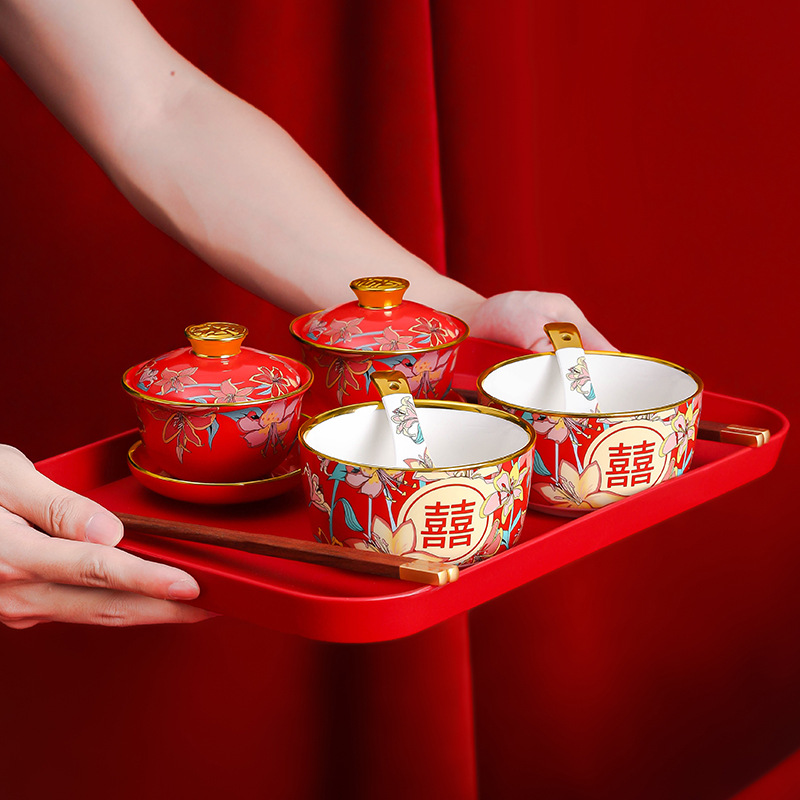 Hot Sale Wedding Tea Cup Bowl and Chopsticks Set New Couple Modified Xi Character Cup a Pair in Red Tureen Marriage Dowry Supplies