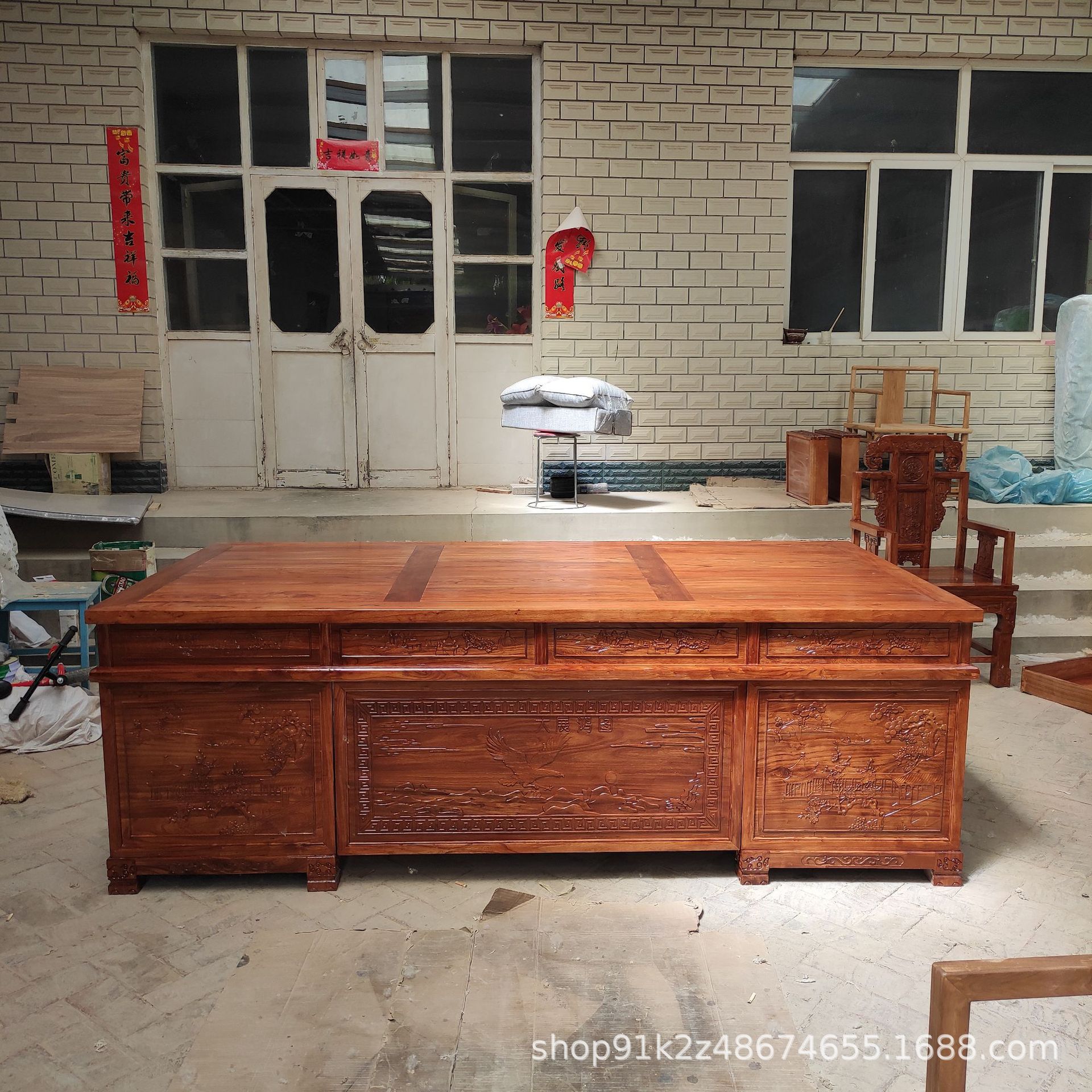 办公家具实木书桌古典老榆木字台大班台中式仿古办公桌雕花老板桌