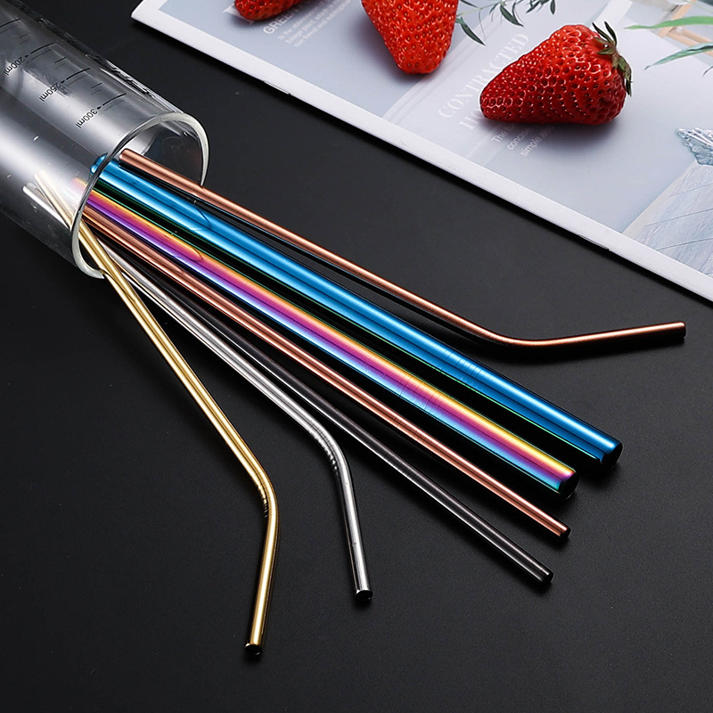 Amazon Cross-Border Hot Sale 304 Stainless Steel Straw Drinking Straw Set Coffee Color Elbow Metal Straw Wholesale