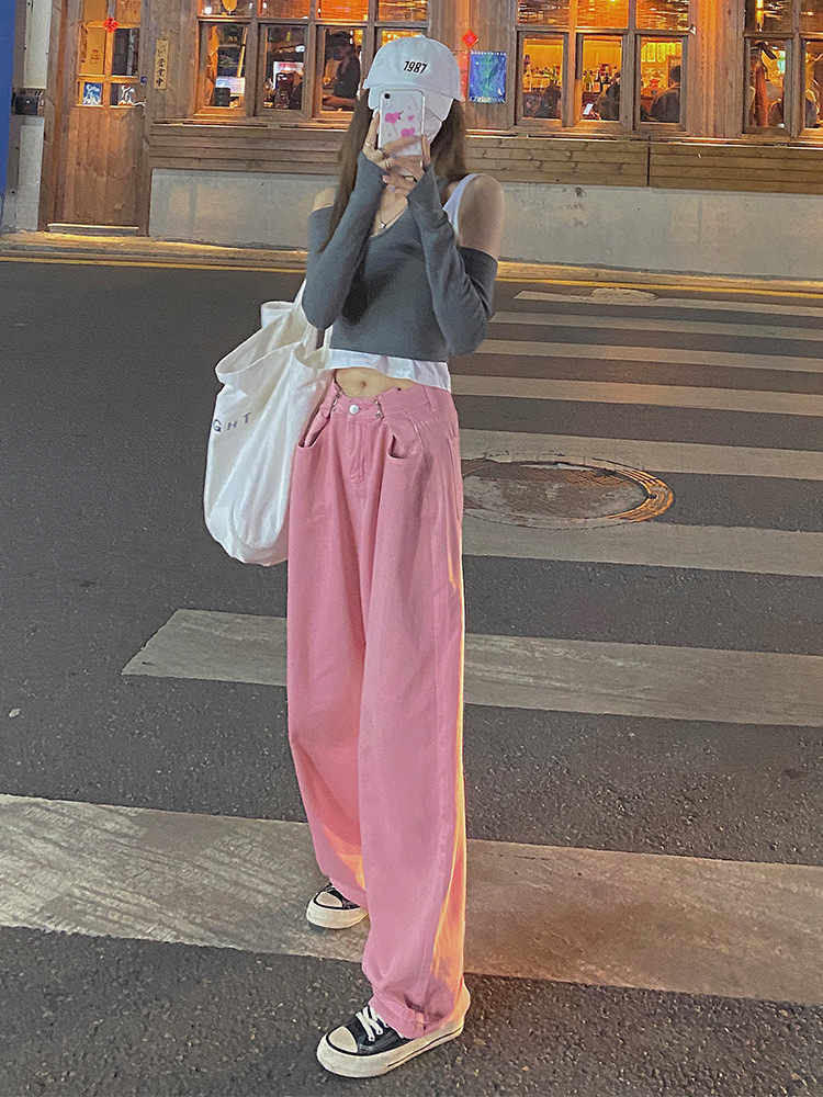 粉色阔腿牛仔裤女2022年春季新款高腰宽松小个子显瘦直筒拖地裤子