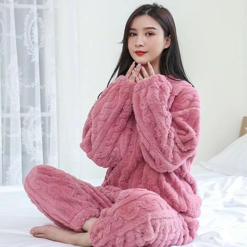 跨境珊瑚绒提花睡衣女装秋冬季新款加绒加厚超厚绒冬天家居服两件