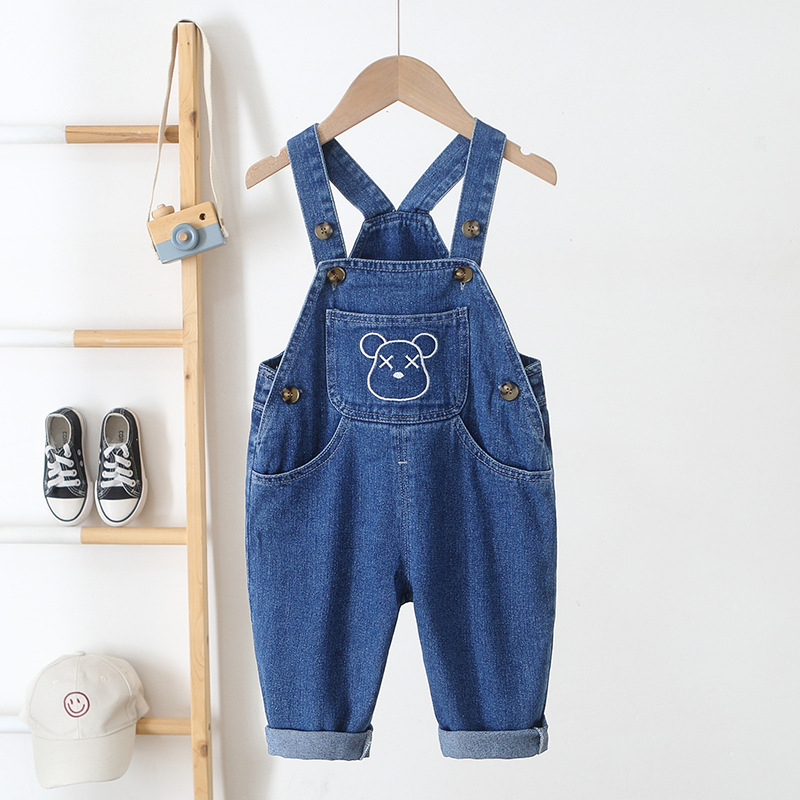 ins童装2022春款儿童背带裤韩版卡通绣花可爱0-3岁宝宝牛仔背带裤