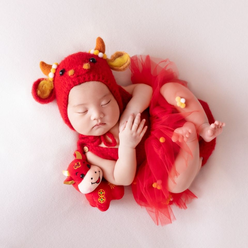 2021年新款影楼摄影针织衣服百天宝宝拍照新生儿小牛造型主题服装