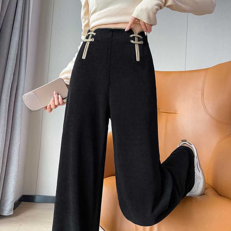 Narrow Wide-Leg Pants for Women 2023 Autumn and Winter New Fleece-Lined New Chinese Style Buckle High Waist Drooping Casual European Pants